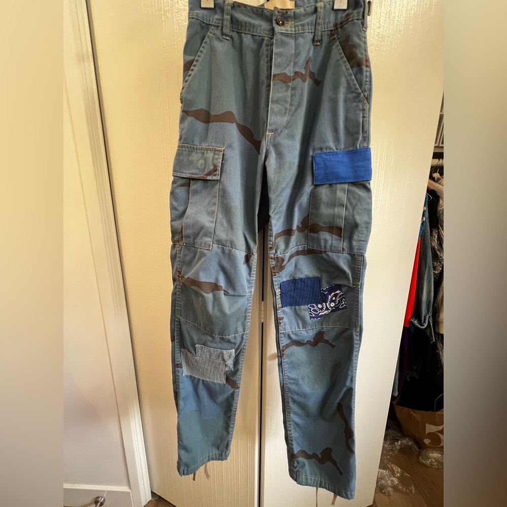 Women’s camo pants made with vintage material and patches